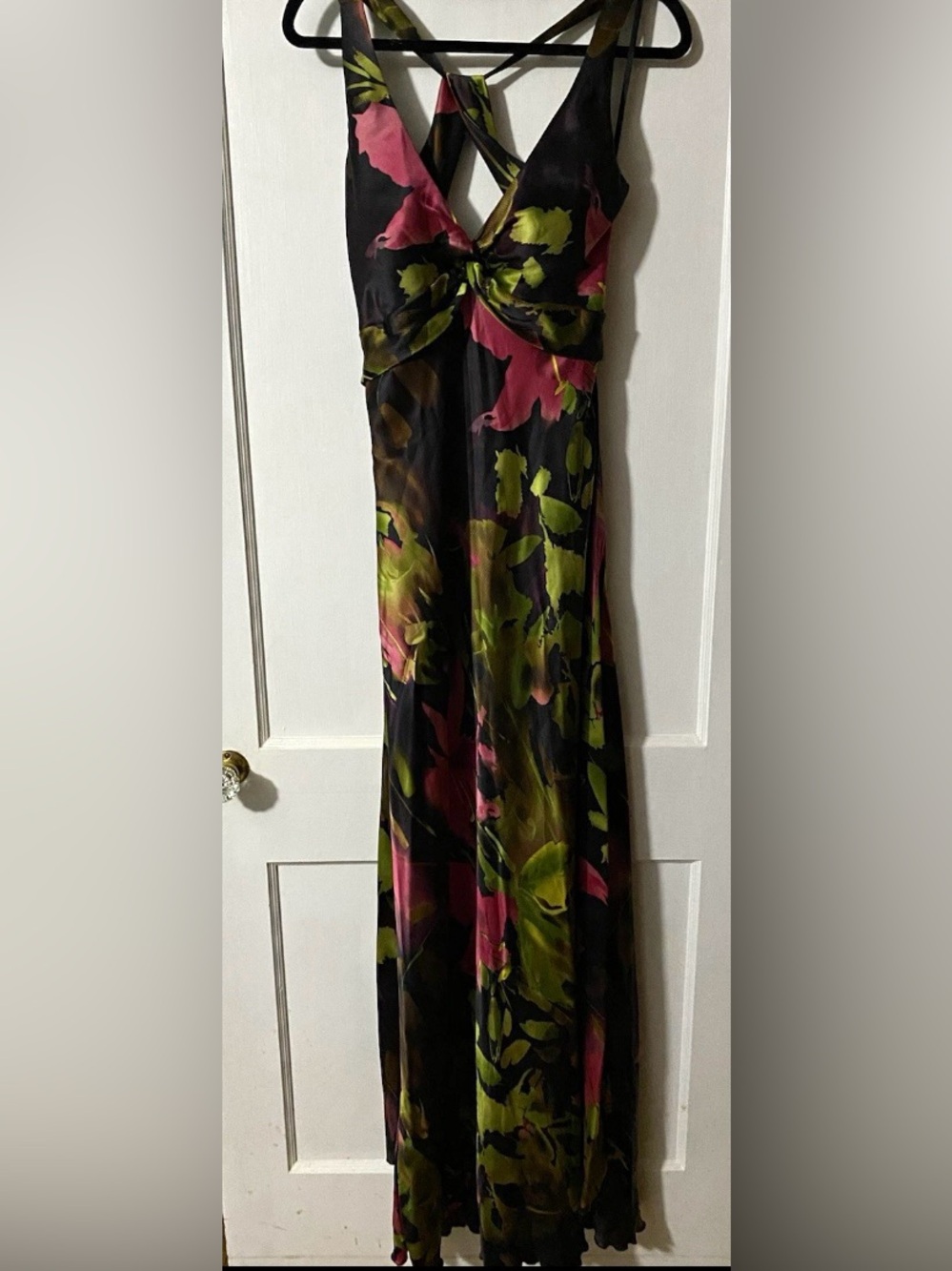 Vintage Caché Silk Maxi Dress with Pink & Green Floral Print